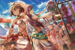 4boys 5girls :d ;) aaron_wei agnes_claudel apple arm_up ass bandana black_panties blonde_hair blue_eyes blue_gemstone blue_hair blue_sky bra breasts brown_eyes brown_hair cleavage dancing day detached_collar dress dutch_angle earrings eiyuu_densetsu feri_al-fayed floating_hair food fruit gem green_eyes green_nails grey_shirt groin hair_between_eyes harem_outfit harem_pants hawaiian_shirt highres hoop_earrings jewelry kuro_no_kiseki_(series) kuro_no_kiseki_i long_hair looking_at_another low_ponytail medium_breasts multiple_boys multiple_girls nail_polish navel official_art one_eye_closed open_mouth outdoors panties pants pink_dress pink_sweater ponytail profile red_hair red_shirt saara_(kuro_no_kiseki) salvatore_goti see-through_clothes see-through_sleeves shaheena_(kuro_no_kiseki) shirt short_dress short_hair short_sleeves siblings sisters sky small_breasts smile sphere_hair_ornament sweater sweater_dress underboob underwear van_arkride very_long_hair white_bra yellow_bandana