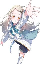 1girl absurdres arm_up blonde_hair blush boots commentary_request ear_piercing foot_out_of_frame from_above gakuen_idolmaster highres idolmaster jacket knee_boots long_hair long_sleeves looking_at_viewer open_clothes open_jacket orange_eyes outstretched_arm outstretched_arms peanut_mouth piercing shinosawa_hiro shirt sidelocks signature simple_background smile solo swept_bangs vtitalianlion46 white_background white_boots white_shirt