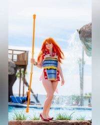 Rule 34 | 1girl, armor, bracelet, breastplate, cosplay, hair ornament, high heels, highres, holding, holding weapon, japanese armor, japanese clothes, jewelry, kimono, long hair, nail polish, nami (one piece), nami (one piece) (cosplay), nami (one piece) (onigashima), one piece, orange hair, photo (medium), polearm, pool, real life, red kimono, ribbon, short kimono, sleeveless, sleeveless kimono, smile, solo, source request, staff, strawbbghost, weapon, wide hips