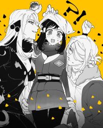 !? 1boy 2girls akari_(pokemon) black_coat black_hair blush closed_mouth coat cynthia_(pokemon) eyelashes fur-trimmed_coat fur-trimmed_jumpsuit fur_trim galaxy_expedition_team_survey_corps_uniform ginkgo_guild_uniform hair_ornament hair_over_one_eye headscarf hisuian_poke_ball holding holding_another&#039;s_arm holding_poke_ball jacket jumpsuit long_hair long_sleeves multiple_girls nintendo open_mouth pantyhose poke_ball pokemon pokemon_dppt pokemon_legends:_arceus pokemon_platinum scarf smile ssamesum volo_(pokemon)