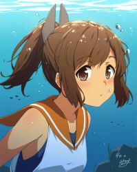 1girl air_bubble blue_one-piece_swimsuit brown_eyes brown_hair bubble highres i-401_(kancolle) kantai_collection looking_at_viewer necono_(nekonosora1207) one-hour_drawing_challenge one-piece_swimsuit orange_sailor_collar ponytail sailor_collar short_hair short_ponytail side-tie_shirt solo swimsuit swimsuit_under_clothes tan underwater upper_body