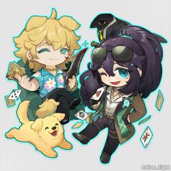 2boys ace_(playing_card) ace_of_hearts ace_of_spades animalization bird black_gloves black_pants brown_hair brown_shoes card collared_shirt crow dagger five_of_diamonds flaw_eight full_body gloves hand_in_pocket heart holding holding_card holding_dagger holding_knife holding_weapon hong_lu_(project_moon) joker_(playing_card) knife limbus_company looking_at_viewer multiple_boys one_eye_closed open_mouth pants playing_card project_moon seven_association_south_uniform shirt shoes simple_background smile spade_(shape) sparkle tequila_(arknights) tingtang_gang_(identity)_(project_moon) weapon white_background white_shirt yi_sang_(project_moon)