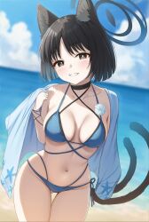 1girl animal_ear_fluff animal_ears beach bikini black_choker black_eyes black_hair blue_archive blue_bikini blue_halo blue_sky blurry blurry_background blush breasts bright_pupils cat_ears cat_girl cat_tail choker cloud collarbone commentary_request day gluteal_fold halo highres itaba_atsushi kikyou_(blue_archive) kikyou_(swimsuit)_(blue_archive) looking_at_viewer medium_breasts multiple_tails navel ocean official_alternate_costume outdoors short_hair sky smile solo swimsuit tail white_pupils