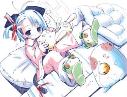 1girl animal_ears blue_eyes blue_hair blush doll hugging_doll dutch_angle female_focus hug long_sleeves hugging_object pajamas pillow pop sitting sketch slippers solo stuffed_animal stuffed_toy tail teddy_bear
