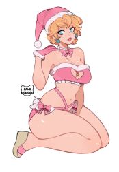 1girl alternate_costume alternate_hair_length alternate_hairstyle artist_logo artist_name bare_arms bare_legs bare_shoulders bell between_legs blonde_hair blue_eyes blush bow bowtie bra breasts christmas cleavage cleavage_cutout clothing_cutout commentary criss-cross_straps earrings english_commentary feet frilled_bra frills full_body fur-trimmed_bra fur-trimmed_gloves fur-trimmed_panties fur_collar fur_trim gloves hand_between_legs hand_on_own_shoulder hat heart-shaped_hair heart_cutout high_heel_sandals high_heels highres jewelry jingle_bell kamii_momoru kneeling large_breasts logo looking_to_the_side mario_(series) midriff navel nintendo no_toes nose_blush panties parted_lips pink_bow pink_bowtie pink_bra pink_gloves pink_hat pink_lips pink_panties pink_santa_costume princess_peach sandals santa_costume santa_hat shiny_skin simple_background solo thick_thighs thighs underwear wavy_hair wedge_heels white_background wide_hips