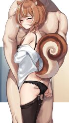 1boy 1girl absurdres anal_fingering animal_ears averting_eyes ayunda_risu ayunda_risu_(3rd_costume) black_bra black_panties black_pantyhose blush bra brown_hair catkgf clenched_hand clenched_teeth closed_eyes clothed_female_nude_male clothes_pull cowboy_shot crying fingering from_side green_eyes grey_background hair_ornament height_difference highres hololive hololive_indonesia leaf_hair_ornament low_twintails multicolored_hair nude off-shoulder_shirt off_shoulder open_clothes open_shirt panties pantyhose pantyhose_pull pussy_juice shirt simple_background squirrel_ears squirrel_girl squirrel_tail standing streaked_hair tail teeth twintails underwear virtual_youtuber white_background white_shirt yellow_background