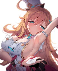 1girl apron armpits blue_eyes blush breasts chef_hat cleavage escoffier_(genshin_impact) genshin_impact hair_ornament hat head_tilt highres large_breasts long_hair looking_at_viewer rayno sideboob simple_background sketch solo sweat upper_body very_long_hair white_apron white_background white_hat wiping_sweat wrist_cuffs