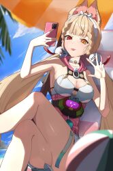 1girl absurdres alice_thymefield alice_thymefield_(sea_of_thyme) animal_ears blonde_hair blush braid breasts cleavage heterochromia highres long_hair low_twintails official_alternate_costume orange_eyes sphere_hair_ornament swimsuit twintails van_epi yellow_eyes zenless_zone_zero