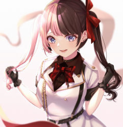 1girl :d black_gloves black_hair black_shirt blue_eyes bow bowtie collared_shirt dress_shirt earrings gloves hair_ribbon highres holding holding_own_hair horo_27 iris_black_games jacket jewelry long_hair multicolored_hair open_mouth pink_hair red_bow red_bowtie red_ribbon ribbon shirt short_sleeves small_hands smile solo split-color_hair tachibana_hinano_(2nd_costume) tachibana_hinano two-tone_hair upper_body virtual_youtuber vspo! white_background white_jacket wing_collar