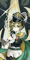 Rule 34 | 1girl, badge, black boots, black hat, black jacket, boots, brown hair, cowboy shot, flying paper, glint, green eyes, grey background, hands up, hat, hat feather, highres, holding, holding notebook, holding sword, holding weapon, jacket, koma komeko, looking at viewer, military hat, notebook, pants, paper, recoleta (reverse:1999), reverse:1999, short hair, smile, solo, sword, thigh boots, weapon, white pants