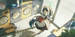 1girl absurdres ahoge apron aris_(blue_archive) aris_(maid)_(blue_archive) basket black_hair blue_archive blue_eyes chun_jiang commentary from_above green_halo halo highres holding holding_basket laundry_basket long_hair looking_at_viewer maid_apron maid_headdress open_mouth ponytail rectangular_halo smile solo very_long_hair washing_machine