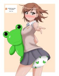 1girl animal brown_eyes brown_hair diaper diaper_under_clothes frog gekota highres looking_at_viewer misaka_mikoto print_diaper school_uniform skirt toaru_kagaku_no_railgun toaru_kagaku_no_railgun_s toaru_majutsu_no_index tokiwadai_school_uniform upskirt yuhi-tan