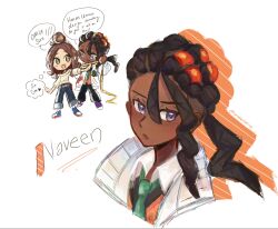 1boy 1girl :d :o black_pants blue_shoes brown_hair character_name chibi coat collared_shirt commentary constarlations dark-skinned_male dark_skin english_text green_eyes green_necktie hair_between_eyes hair_bun harmony_(pokemon) highres long_hair measuring multiple_views naveen_(pokemon) necktie nintendo open_clothes open_coat open_mouth orange_vest pants pokemon pokemon_legends:_z-a purple_eyes purple_shoes shirt shoes smile speech_bubble tape_measure thought_bubble twitter_username vest white_background white_shirt