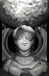 1boy absurdres beard_stubble challia_bull distress facial_hair greyscale gundam gundam_gquuuuuux hair_over_one_eye highres male_focus mecha_pilot_suit monochrome mustache planet short_hair sirokuman17 solo spot_color stubble sweat upper_body wide-eyed