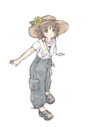 1girl brown_eyes brown_hair dated flower full_body hat looking_at_viewer original pants sandals sasaxxxx06 shirt short_hair short_sleeves simple_background solo standing straw_hat sun_hat sunflower white_background white_shirt