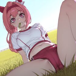 1girl ai-assisted animal_ears blush bow breasts buruma ear_bow ear_covers eating grass haru_urara_(umamusume) headband highres hip_bones horse_ears horse_girl leaning_back long_hair looking_at_viewer medium_breasts midriff navel pink_eyes ponytail red_buruma red_headband solo sunsetjoyride thighs umamusume