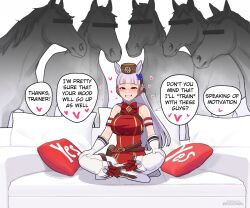 1girl animal_ears boots breasts brown_hat censored censored_identity commentary_request couch dress english_text gloves gold_ship_(umamusume) grey_hair grin hat heart horse horse_ears horse_girl implied_bestiality large_breasts long_hair looking_at_viewer meme on_couch pantyhose piper_perri_surrounded_(meme) purple_eyes red_dress rezodwel sitting sleeveless sleeveless_dress smile solo_focus speech_bubble umamusume white_boots white_gloves white_pantyhose yes-no_pillow
