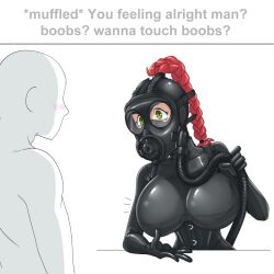 1boy 1girl black_bodysuit bodysuit boobs?_wanna_touch_boobs?_(meme) braid braided_ponytail breast_padding breasts breathing_tube bsfs commander_rab(layer_industries) corset english_text gas_mask gimp_mask gimp_suit green_eyes high_ponytail kat_andrews large_breasts latex latex_bodysuit long_hair looking_at_another mask meme original ponytail red_hair shiny_clothes skin_tight