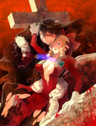1boy 1girl absurdres aqua_gemstone arm_support arm_up at_knifepoint belt belt_buckle black_belt black_gloves black_hair black_pantyhose black_robe blonde_hair blood blood_on_breasts blue_eyes blue_pupils breasts buckle casket check_commentary cleavage collarbone commentary commentary_request cover cover_image cross dagger dress evans_raul evil_grin evil_smile feet_out_of_frame flower fukushuu_wo_koinegau_saikyou_yuusha_wa_yami_no_chikara_de_senmetsu_musou_suru fur-trimmed_dress fur_trim gem gloves grin hair_between_eyes hair_ribbon half-closed_eye hand_on_another&#039;s_ear hand_on_another&#039;s_head hands_up heart heart-shaped_gem hetero highres holding holding_dagger holding_knife holding_weapon hood hood_down hooded_robe knee_up knife large_breasts large_cross layered_dress leaning_forward long_dress long_hair long_sleeves looking_at_another looking_at_viewer multiple_belts nail_(hardware) official_art pantyhose parted_lips plunging_neckline princess_victoria_(fukushuu_wo_koinegau_saikyou_yuusha_wa_yami_no_chikara_de_senmetsu_musou_suru) puffy_long_sleeves puffy_sleeves raoul_evans reclining red_background red_dress red_eyes red_flower red_ribbon red_rose red_theme reverse_grip ribbon ringlets robe rose sakamoto_akira short_hair sideways_glance sleeve_cuffs smile teeth textless_version torn_clothes torn_dress torn_pantyhose transparent_weapon upper_teeth_only victoria_(fukushuu_wo_koinegau_saikyou_yuusha_wa_yami_no_chikara_de_senmetsu_musou_suru) weapon white_gloves