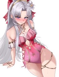 1girl absurdres bare_shoulders blue_eyes blush bow breasts carlotta_(splashing_summer)_(wuthering_waves) carlotta_(wuthering_waves) casual_one-piece_swimsuit commentary covered_navel flower grey_flower grey_hair hair_flower hair_ornament helldeer highres large_breasts long_hair looking_at_viewer off-shoulder_one-piece_swimsuit off_shoulder official_alternate_costume one-piece_swimsuit parted_bangs pink_bow pink_one-piece_swimsuit simple_background solo swimsuit twitter_username very_long_hair wet white_background wuthering_waves