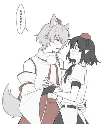 2girls animal_ear_fluff animal_ears black_hair black_skirt blush bridal_gauntlets closed_mouth commentary detached_sleeves ear_blush eye_contact hand_on_another&#039;s_waist hat highres inubashiri_momiji looking_at_another multiple_girls no_wings open_mouth pointy_ears pom_pom_(clothes) puffy_short_sleeves puffy_sleeves red_eyes red_hat sakic43899 shameimaru_aya shirt short_sleeves skirt speech_bubble sweatdrop tail tokin_hat touhou translated white_shirt wide_sleeves wolf_ears wolf_girl wolf_tail yuri