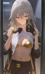 1girl artist_name bare_shoulders bikini black_gloves black_jacket black_skirt blush breasts cellphone closed_mouth clothes_lift collarbone commentary cowboy_shot embarrassed gloves gold_bikini golden_week_bikini grey_hair hair_between_eyes highres holding holding_phone honkai:_star_rail honkai_(series) jacket large_breasts linea_alba long_hair mirror mirror_selfie navel open_clothes open_jacket phone rucarachi selfie shirt shirt_lift skirt smartphone solo stelle_(honkai:_star_rail) stomach swimsuit trailblazer_(honkai:_star_rail) white_shirt yellow_eyes