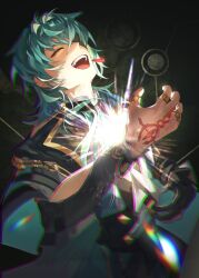 1boy absurdres anaxa_(honkai:_star_rail) black_gloves black_jacket closed_eyes earrings eyepatch gloves hand_up highres honkai:_star_rail honkai_(series) jacket jewelry jpeg01 laughing male_focus medium_hair one_eye_covered open_mouth red_tattoo side_ponytail single_earring smile solo teeth upper_body upper_teeth_only