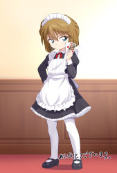 1girl apron black_dress black_shoes blue_eyes brown_hair card commission dress full_body haibara_ai hand_on_own_hip highres indoors looking_at_viewer maid maid_headdress meitantei_conan mogura2009 pantyhose playing_card shoes short_hair skeb_commission solo standing white_apron white_pantyhose