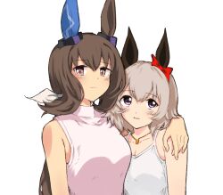 2girls admire_vega_(umamusume) animal_ears arm_around_shoulder balladeluce blush bow breasts brown_hair cleavage collarbone commentary_request cosplay curren_chan_(umamusume) ear_bow ear_covers hair_ribbon hand_on_another&#039;s_shoulder highres horse_ears horse_girl initial_d jewelry looking_at_viewer looking_up low_ponytail medium_breasts multiple_girls necklace open_mouth orange_bow pink_eyes pink_shirt ponytail purple_eyes ribbon satou_mako satou_mako_(cosplay) sayuki_(initial_d) sayuki_(initial_d)_(cosplay) shirt simple_background single_ear_cover sleeveless sleeveless_shirt smile umamusume white_background white_ribbon