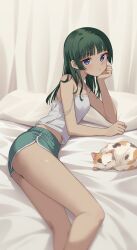 1girl :/ absurdres bare_arms bed_sheet blue_eyes blunt_bangs breasts camisole cat choppy_bangs closed_mouth commentary_request contemporary dolphin_shorts flat_chest green_hair hand_on_own_chin highres kusuriya_no_hitorigoto long_hair looking_at_viewer lying mao_mao_the_cat maomao_(kusuriya_no_hitorigoto) midriff_peek navel on_side profnote short_shorts shorts small_breasts solo strap_slip white_camisole