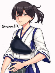 1girl apron black_hair blue_hakama brown_eyes hakama hakama_short_skirt hakama_skirt highres japanese_clothes kaga_(kancolle) kantai_collection long_hair maakun_(makun_dx) muneate one-hour_drawing_challenge side_ponytail simple_background skirt solo tasuki twitter_username white_background