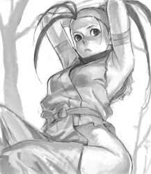 1girl antenna_hair armpits bandages black_hair breasts closed_mouth greyscale high_ponytail hip_vent ibuki_(street_fighter) long_hair looking_at_viewer mana30row monochrome ninja ponytail solo street_fighter street_fighter_iii_(series)