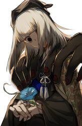 1girl black_eyes disembodied_hand fate/grand_order fate_(series) flower grey_hair hand_on_another&#039;s_shoulder hat highres japanese_clothes kashia kimono morning_glory own_hands_together sen_no_rikyu_(fate) sen_no_rikyu_(second_ascension)_(fate) signature white_background