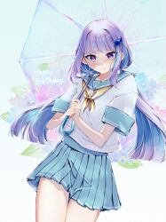 Rule 34 | 1girl, alternate costume, aqua sailor collar, aqua skirt, ayuko ammobium, blue hair, blunt ends, breasts, closed mouth, colored inner hair, commentary request, cowboy shot, flower, grey hair, hair ornament, happy birthday, highres, holding, holding umbrella, lize helesta, long hair, looking at viewer, low twintails, miniskirt, multicolored hair, neckerchief, nijisanji, pink flower, pleated skirt, purple eyes, purple pupils, sailor collar, school uniform, shirt, short sleeves, sidelocks, skirt, small breasts, smile, solo, streaked hair, transparent, transparent umbrella, twintails, two-tone hair, umbrella, very long hair, virtual youtuber, white shirt, yellow neckerchief