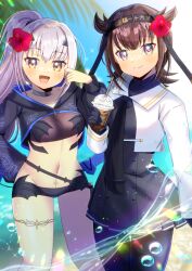 2girls :d bikini black_bikini black_dress black_gloves black_pantyhose blue_sky blurry blurry_background blush breasts brown_eyes brown_hair closed_mouth commentary_request commission crossover cup day depth_of_field disposable_cup dress drinking_straw fate/grand_order fate_(series) flower gloves grey_hair groin hair_between_eyes hair_flower hair_ornament hand_up hatsuzuki_(kancolle) hibiscus holding holding_cup hood hood_down jacket kantai_collection kou_hiyoyo long_hair long_sleeves medium_breasts melusine_(fate) multiple_girls navel open_mouth outdoors palm_tree pantyhose ponytail puffy_long_sleeves puffy_sleeves red_flower shrug_(clothing) skeb_commission sky smile swimsuit tree very_long_hair white_jacket