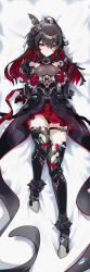 1girl absurdres black_boots black_dress black_hair black_panties boots breasts chinese_commentary colored_inner_hair commentary_request dakimakura_(medium) dress gloves gluteal_fold high_heel_boots high_heels highres honkai_(series) honkai_impact_3rd huiqian large_breasts long_hair looking_at_viewer lying merchandise_available multicolored_hair on_back panties parted_lips red_eyes red_gloves red_hair seele_(alter_ego) seele_vollerei seele_vollerei_(starchasm_nyx) solo thigh_strap thighs two-tone_hair underwear