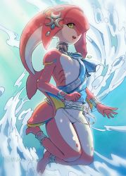 1girl belly_chain blue_background brown_eyes colored_skin fins fish_girl gradient_background hair_ornament highres jewelry long_hair looking_at_viewer mipha monster_girl multicolored_skin nintendo pointy_ears red_skin saburou_(jako) single_bare_shoulder smile solo teeth the_legend_of_zelda the_legend_of_zelda:_breath_of_the_wild twitter_username two-tone_skin upper_teeth_only water yellow_eyes zora