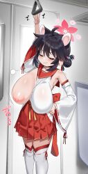 1girl :3 accidental_exposure ahoge animal_ears arm_up bare_shoulders black_hair blue_archive breast_slip breasts closed_eyes cowboy_shot detached_sleeves hair_bun hakama hakama_skirt halo hand_grip hand_on_own_hip height_conscious highres huge_breasts japanese_clothes kaede_(blue_archive) kibi_fukase nipples no_bra one_breast_out oppai_loli outstretched_arm raccoon_ears raccoon_girl red_hakama red_halo red_sailor_collar sailor_collar single_side_bun skirt smile smirk smug solo sweatdrop thighhighs train_interior trembling v-shaped_eyebrows wardrobe_malfunction white_thighhighs wide_sleeves zettai_ryouiki