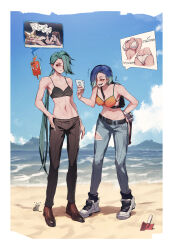 2girls abs ass beach bikini black_bra blue_hair bluecup bra breasts cellphone cleavage creatures_(company) denim game_freak gen_1_pokemon gen_4_pokemon gimmighoul gimmighoul_(roaming) highres jeans large_breasts leaning_forward long_hair medium_breasts mountainous_horizon multicolored_hair multiple_girls navel nintendo no_shirt pants perrin_(pokemon) phone pokemon pokemon_sv ponytail rika_(pokemon) rotom rotom_phone shoes small_breasts smartphone sneakers standing staryu swimsuit toned torn_clothes torn_jeans torn_pants two-tone_hair underwear very_long_hair water