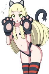 1girl absurdres alternate_costume animal_ears animal_hands black_panties blonde_hair blunt_bangs blush_stickers braid cat_ears cat_paws cat_tail cosplay cowboy_shot creatures_(company) fake_animal_ears fake_tail female_focus flat_chest flying_sweatdrops game_freak gen_7_pokemon gloves green_eyes highres lillie_(pokemon) litten litten_(cosplay) long_hair looking_at_viewer navel nintendo open_mouth panties paw_gloves paw_pose pokemon pokemon_sm solo striped_clothes striped_thighhighs tail thighhighs twin_braids ultrayoru underwear white_background