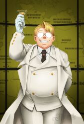 1boy absurdres artist_name blonde_hair coat cup drinking_glass formal_clothes germany glasses gloves grin hellsing highres major_(hellsing) majorette_(artist) male_focus map nazi necktie obscured_eyes raised_glass short_hair smile solo suit white_coat white_gloves wine_glass