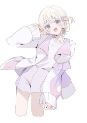 Rule 34 | 1girl, blonde hair, blush, choker, cropped legs, hair ornament, hairclip, hololive, hololive dev is, jacket, long sleeves, looking at viewer, multicolored hair, multicolored jacket, open mouth, pink shorts, purple eyes, purple hair, purple shorts, ryuya, shirt, short hair, shorts, simple background, sleeves past wrists, smile, solo, streaked hair, todoroki hajime, todoroki hajime (1st costume), virtual youtuber, white background, white choker, white jacket, white shirt