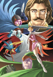 Rule 34 | 1girl, 5boys, boomerang, cape, facial hair, feathers, gatchaman, glasses, gun, helmet, holding, holding gun, holding weapon, jinpei the swallow, joe the condor, jun the swan, ken the eagle, lipstick, makeup, multiple boys, mustache, nanbu kouzaburou, official art, omar dogan, panties, ryu the owl, udon entertainment, underwear, weapon, yo-yo