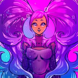 1girl aqua_background aveecomics big_hair binary covered_navel entrapta gradient_background highres long_hair looking_at_viewer paid_reward_available parted_lips purple_background purple_eyes purple_hair she-ra_and_the_princesses_of_power smile solo twintails upper_body very_long_hair