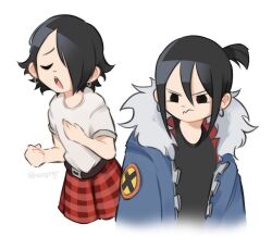 1girl black_eyes black_hair black_shirt closed_eyes earrings fur-trimmed_jacket fur_trim gnoopzy hair_between_eyes hair_over_one_eye half-closed_eyes highres jacket jewelry knives_chau multiple_views open_mouth plaid_clothes plaid_skirt ponytail red_skirt scott_pilgrim_(series) scott_pilgrim_takes_off serious shirt short_hair short_ponytail sidelocks skirt teeth upper_teeth_only white_background white_shirt