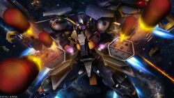 Rule 34 | absurdres, advance of zeta, battle, color variation, copyright notice, explosion, firing, firing at viewer, gabthley, glowing, glowing eye, glowing eyes, gundam, gundam battle operation 2, highres, machinery, mecha, mecha focus, missile, missile pod, mobile suit, motion blur, nebula, official art, one-eyed, open hatch, painting (medium), realistic, redesign, robot, scan, science fiction, space, star (sky), sunrise (company), tenjin hidetaka, thrusters, titans (gundam), traditional media, vernier thrusters