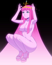1girl absurdres adventure_time animification blunt_bangs breasts colored_skin commentary convenient_censoring crown high_heels highres long_hair navel nude pink_hair pink_skin princess princess_bonnibel_bubblegum satelyte shiny_skin simple_background solo squatting symbol-only_commentary tiara toes very_long_hair