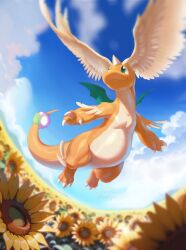 blue_sky claws closed_mouth cloud dragonite feathered_wings field flower flower_field flying full_body gen_1_pokemon green_eyes happy head_wings horns mega_dragonite mega_pokemon nintendo no_humans pokemon pokemon_(creature) pokemon_focus purrrquernya single_horn sky smile solo sunflower sunflower_field tail wings