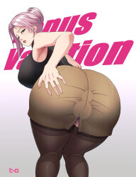 1girl ass ass_focus back bare_shoulders bent_over black_sweater blue_eyes breasts brown_skirt dead_or_alive dead_or_alive_xtreme dead_or_alive_xtreme_venus_vacation dildo dildo_under_clothes dildo_under_panties elise_(doa) english_text from_behind grabbing_own_ass hand_on_own_ass hero_(do-belman) highres huge_ass large_breasts looking_at_viewer looking_back object_insertion open_mouth paid_reward_available presenting presenting_ass purple_hair ribbed_sweater sex_toy skirt sleeveless sleeveless_sweater sleeveless_turtleneck solo sweater thick_thighs thighhighs thighs turtleneck turtleneck_sweater white_background wide_hips