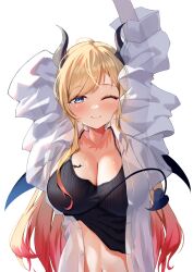 1girl absurdres alternate_costume arms_up black_camisole black_horns black_wings blonde_hair blue_eyes blush breast_tattoo breasts camisole camisole_lift cleavage clothes_lift collarbone commentary_request demon_girl demon_horns demon_tail demon_wings gradient_hair heart highres hololive horns large_breasts long_hair long_sleeves looking_at_viewer midriff multicolored_hair navel one_eye_closed pointy_ears puffy_long_sleeves puffy_sleeves red_hair ribbed_camisole see-through_silhouette shinka_(yonkun121) shirt simple_background smile solo stomach stretching sunlight swept_bangs tail tattoo upper_body virtual_youtuber waking_up white_background white_shirt winged_heart winged_heart_tattoo wings yuzuki_choco